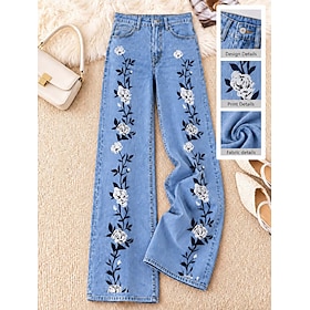 Women's Demin Cotton Blend Wide Leg Jeans Chinos Vacation Vintage Basic Full Length High Waist Floral Graphic Abstract Print Comfy Comfort Comfortable Micro-el
