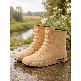Women's Khaki Rain Boots - Waterproof Ankle Rain Booties with Fuax Lace-Up Design, Stylish Outdoor Footwear for Rainy Days, Gardening, Walking, Travel  Everyda