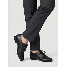 Scarpe da ballo da uomo nere con lacci e tacco basso, comode e dal classico stile Oxford, ideali per l'allenamento e la pratica quotidiana di balli da sala, la