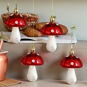 4PCS Christmas Mushroom Ornaments, Red and White Glossy Mushroom Hanging Decorations with Black Dots and Gold Loops, Cute Xmas Tree Pendants for Holiday Home,