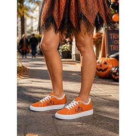 Women's Halloween Lace-Up Mesh Sneakers - Orange Breathable Walking Shoes With …