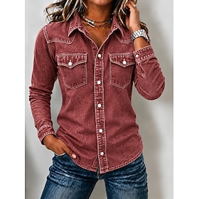 Women's Denim Blouse Denim Shirt Henley Shirt Graphic Plain Vintage Fashion Stylish Long Sleeve Regular Tops Casual Beach Blue Black Red Green Spring Fall Wint
