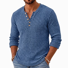 Men's T Shirt Fleece Shirt Bottoming Shirt Ribbed Knit tee Long Sleeve V Neck Henley Fall Winter Spring Fall Solid Color Textured Warm Traditional / Vintage C