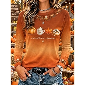 Halloween Thanksgiving Day Women's 100% Cotton Cotton Shirt Floral Graphic Plants Vintage Stylish Classic Long Sleeve Crew Neck Regular Tops Casual Orange Gree