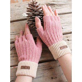 Women's Short Color Block Fingerless Gloves, Polyester Knit Winter Half Finger Hand Warmers in Multiple Colors for Typing, Driving, Commuting, Travel and Daily