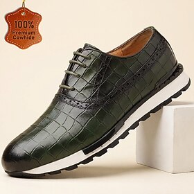 Men's Genuine Leather Casual Shoes, Dark Green Crocodile-Embossed Lace-Up Brogu…