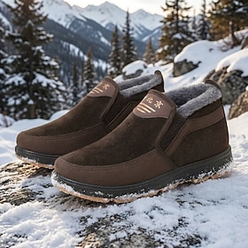 Men's Brown Fur-Lined Slip-On Winter Shoes, Warm Non-Slip Casual Loafers for Mature Men, Snow Walking, Commuting and Outdoor Travel