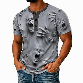 Men's Halloween Human face T Shirt Henley Shirt Short Sleeve Designer Retro Vintage Henley Casual Daily Street Summer Spring All Seasons Grey Black Henley Coll