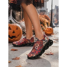 Women's Halloween Red Slip-On Sneakers - Floral Skull Print Walking Shoes With …