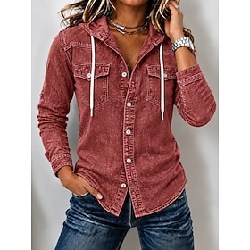 Women's Denim Blouse Denim Shirt Henley Shirt Graphic Plain Vintage Fashion Stylish Long Sleeve Hooded Regular Tops Casual Beach Blue Pink Red Green Summer Spr