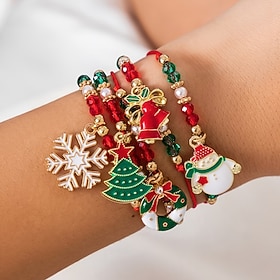 5pcs Cute Christmas Adjustable Size Women's Woven Bracelet Set, with Cartoon Pendants of Santa Claus, Snowflakes, Trees, and Bells, Suitable for Daily Wear, Be
