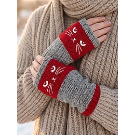 Women's Color Block Cat Fingerless Gloves, Polyester Knit Winter Half Finger Hand Warmers in Multiple Colors for Christmas, Holiday Travel, Outdoor Walks, Typi