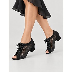 Women's Latin Dance Shoes with Lace Up Design, Black Lace Ballroom Shoes with Low Block Heel, Open Toe Salsa Shoes for Women's Practice, Competition  Performan