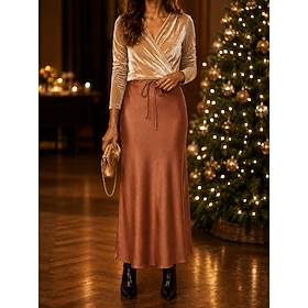 Women's Satin Skirts Casual Maxi Mid Rise Skirts Plain Drawstring Micro-elastic Vacation Street Blue Wine Navy Black Fall