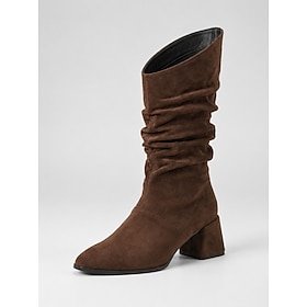 Women's Minimalism Slouchy Mid-Calf Boots - Irregular Style Ruched Boots with Chunky Block Heel, Retro Inspired Fall Winter Boots for Casual Commute, Daily Str