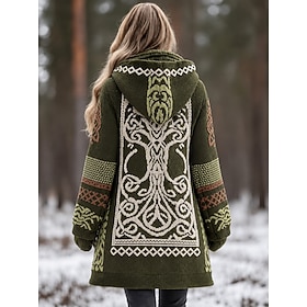 Women's Cardigan Daily Casual Graphic Geometric Ribbed Hooded Patchwork Pocket Buttons Long Sleeve Long Tops Knit Outdoor Weekend Green Fall Winter