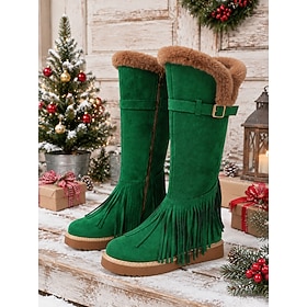 Women's Green Fringed Knee‑High Winter Boots, Faux Suede Furry Cuff Trim Snow Boots With Buckle Strap Side Zipper for Christmas Parties, Countryside Walks, Ho