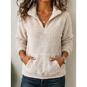 Women's Half-zip Sweatshirt Patchwork Front Pocket Fuzzy Comfrt Long Sleeve High Neck Regular Tops Casual Black Apricot Grey Fall Winter