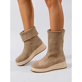 Women's Khaki Platform Fold-Over Mid-Calf Boots - Faux Suede Winter Booties with Wedge Thick Sole, Round Toe Convertible Slip-On Shoes for Country Town Strolls