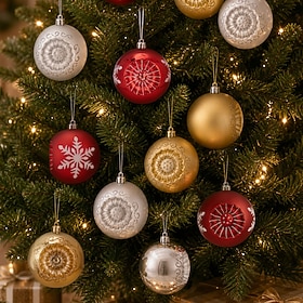 6 Pcs Christmas Ball Ornaments for Xmas Tree 4 Inch, Large Shatterproof Baubles with Snowflake  Vintage Decorative Patterns, Hanging Christmas Tree Decorations