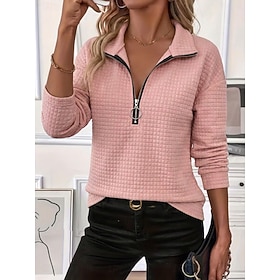 Women's Textured Sweatshirts Quarter Zip Casual Long Sleeve High Neck Long Tops Home Street White turmeric Coffee brown Rainbow blue Black Fall Winter