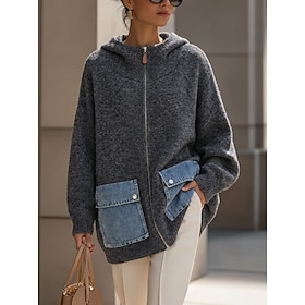 Women's Vintage Long Cardigan Streetwear Fuzzy Hooded Patchwork Hooded Drop Shoulder Long Sleeve Long Tops Knit Daily Home Denim brown Denim Apricot Fall Winte
