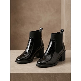 Women's Chelsea Ankle Boots with Square Toe and Chunky Block Heel, Elegant Minimalist Crocodile Texture Boots for Office City Smart Casual
