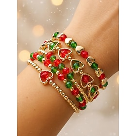 Women's Christmas Bracelet Set Alloy Acrylic Red Green Heart Beaded Stretch Bracelets Holiday Charm Jewelry Stackable Bracelet Set for Christmas Party Holiday