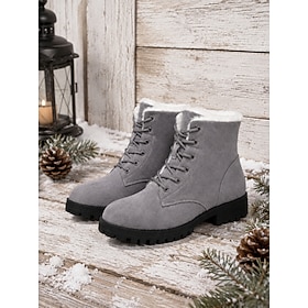 Women's Gray Lace Up Snow Boots With Faux Fur Lining, Round Toe Low Heel Ankle …