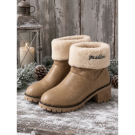 Women's Khaki Winter Snow Boots - Faux Leather Ankle Boots with Sherpa Fold-Over Cuff, Chunky Heel Lug Sole Booties for Countryside Strolls Outdoor Wear