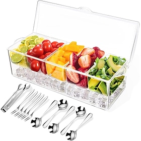 Chilled Condiment Tray with Lid, Stainless Steel Condiment Server with Removable Ice Trays, 5 Spoons 5 Forks, Sauce Topping Organizer for BBQ, Party Buffet