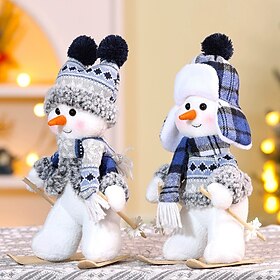 Muñeco de nieve de algodón PP, bonito y blanco Muñeco de nieve azul suave, decoración navideña a cuadros azules, muñecos de regalo