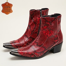 Echte Western-Ankle-Boots aus Rindsleder für Herren, rote Stiefeletten mit Schlangenmuster, spitzer Zehenpartie, seitlichem Reißverschluss und niedrigem Blocka