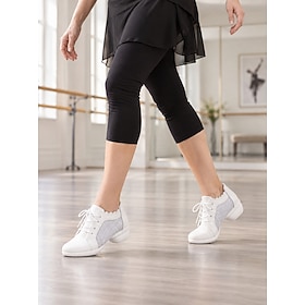 Zapatillas de baile blancas para mujer, con cordones, estilo jazz, parte superior de malla transpirable, ligeras, de tacón bajo, ideales para entrenamiento de