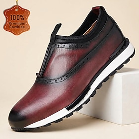 Men's Genuine Cowhide Leather Slip-On Shoes, Burgundy Brogue Walking Shoes With…
