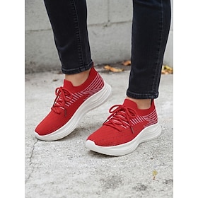 Women's Red Knit Slip On Casual Sneakers With Lace Up Design, Lightweight Breat…