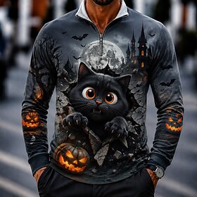 Halloween Men's Cat Tennis Shirt Quarter Zip Polo Golf Polos Shirts Long Sleeve Turndown Casual Daily Casual Daily Vacation Running Zipper 3D Print Fall Winte