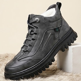 Men's Black Fur-Lined Lace-Up Boots, Warm Non-Slip Outdoor Casual Shoes For Men…