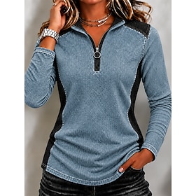 Women's Denim Hoodie Hoodies Patchwork Zipper Color Block Plain Vintage Stylish Casual Long Sleeve Regular Tops Casual Work Holiday Blue Khaki Green Summer Fal