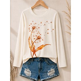 Women's Cotton Shirt Floral Graphic Plants Vintage Fashion Stylish Long Sleeve Crew Neck Round Neck Regular Tops Casual White Light Green Pink Apricot Summer S