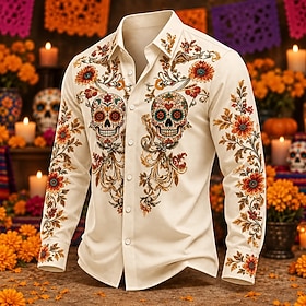 Day of the Dead Men's Calavera Day of the Dead Shirt Button Up Shirt Long Sleeve Vintage Artistic Streetwear Holiday Spring Fall Turndown Collared Shirts Black