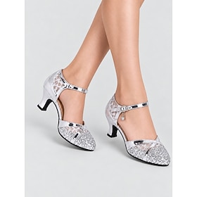 Women's Ballroom Dance Shoes Silver Glitter PU Leather Closed Toe Ankle Strap Low Block Heel Modern Dance Shoes for Wedding, Performance, Practice Dance Class