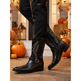 Men's Black Western Cowboy Boots, Pointed-Toe Mid-Calf Boots with Crocodile Embossing and Contrast Embroidery for Stylish Men, Country Concerts, Halloween and