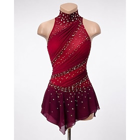 Figure Skating Dress Women's Ice Skating Dress Burgundy Patchwork Open Back Str…