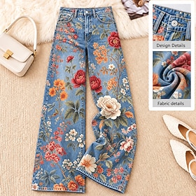 Women's Demin Cotton Blend Wide Leg Jeans Vacation Vintage Basic Full Length High Waist Floral Graphic Comfy Comfort Inelastic Casual Daily Daily Wear Blue Sum