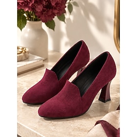 Women's Burgundy Chic Office Style Pumps – Elegant Faux Suede Block Heel Shoes, Round Toe Slip-On Dress Shoes for Daily Street, Fomal Occasion, Work  Everyday