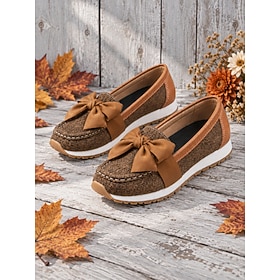 Mocasines marrones con lazo para mujer: zapatos casuales sin cordones para caminar con detalle de lazo extragrande. Suela antideslizante, bailarinas retro de o