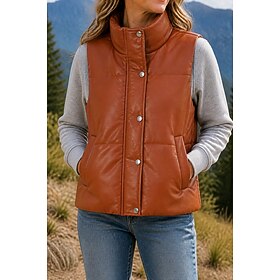 Women's Faux Leather Jacket Vest Lightweight Full Zip with Pockets Casual Solid Color Casual Daily Street Regular Stand Collar Sleeveless Outerwear Black Camel