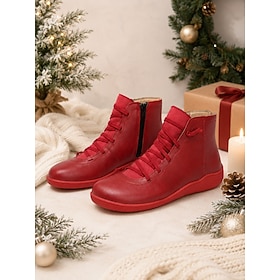 Women's Red Christmas Ankle Boots, Flat Casual Booties With Side Zipper, Round …
