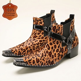 Men's Leopard Print Cowhide Ankle Boots, Pointed Toe Buckle Strap Western Chels…